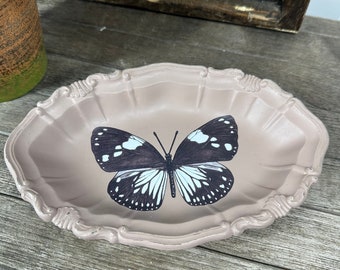 Small Hand Painted Butterfly Tray, Catch All Tray, Vintage Pink Tray, Hand Painted Rose Metal Tray