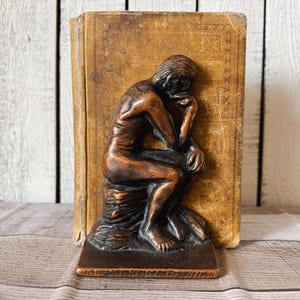Copper Thinking Man Heavy Weight Bookends, Vintage Bookend Set, French Country Copper Bookends, Unique Cottage Style Bookend