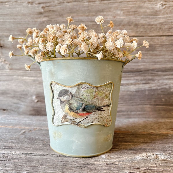 Hand Painted Bird Design Flower Pot, Vintage Cottage Style Planter Pail, Galvanized Metal