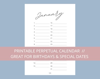 Printable Perpetual Calendar A4 // Printable Birthday Calendar // Printable Special Dates Calendar // Birthday Calendars // English Calendar