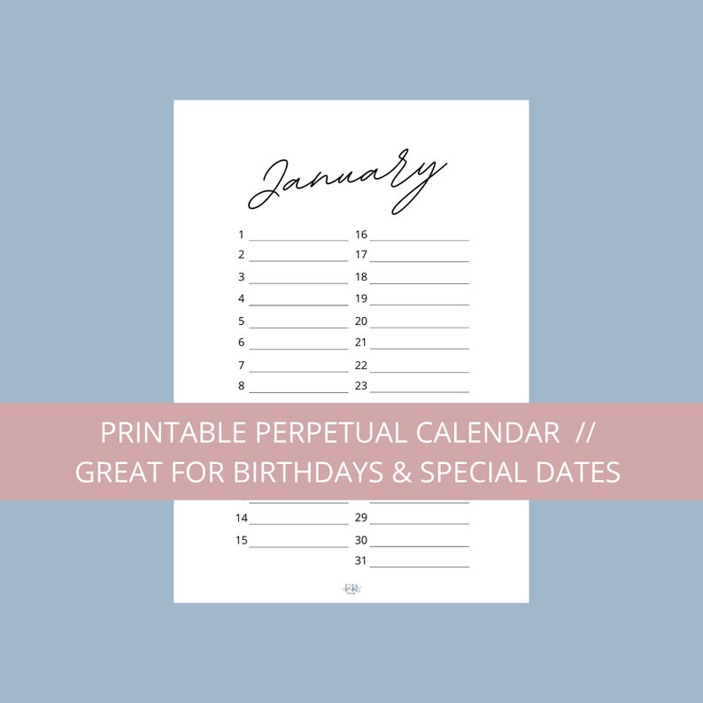 Printable Perpetual Calendar A4 // Printable Birthday Calendar ...