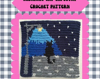 May include: A crocheted tapestry featuring a black cat silhouetted against a night scene with a street lamp and stars. The text "MIDNIGHT CAT TAPESTRY CROCHET PATTERN" is displayed on a pink banner. The background is a blue and white checkered pattern.
