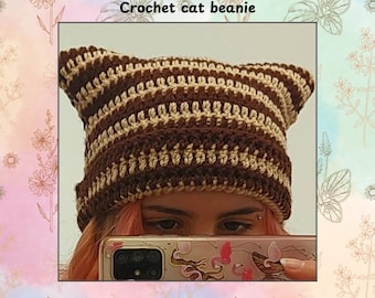 Crochet cat ear beanie, different colour options, winter, autumn, fall, gift, hat, beanie, y2k, handmade, customisable, alternative, cute