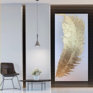 White and Gold textured wall art, White Gold Feather Painting on Canvas ,white and gold abstract wall art , feather  Living Room painting