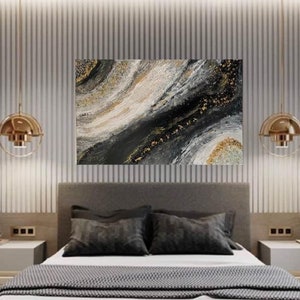 Black and gold abstract wall art ,Large Modern Textured painting,White and black Contemporary wall art for living room bedroom ,office decor