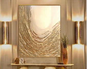 May include: A large abstract painting with gold and white paint. The painting has a textured surface and a swirling design.