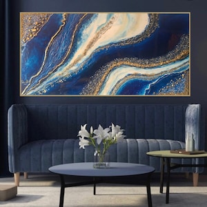 Large Dark Blue Gold Abstract Canvas Wall Art,resin and Textured Gold ...