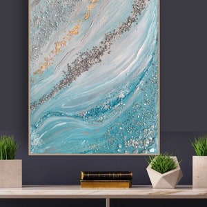 Light Blue Abstract Canvas Wall Art , Gold Textured Acrylic Painting ...