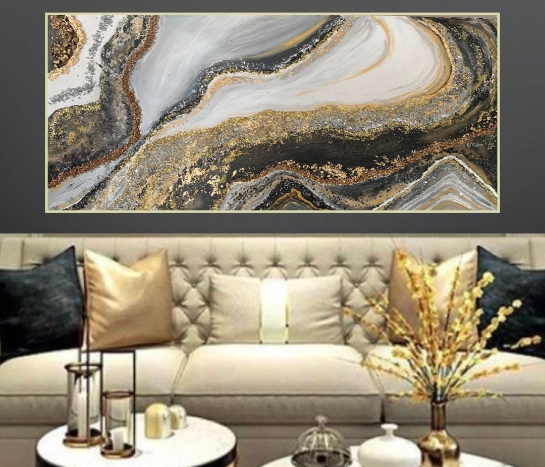 White Black and Gold Abstract Wall Art, Large Landscape Abstract