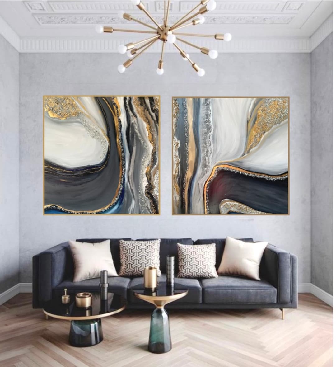 Large Original White Black Gold Wall Art, Grey Gold Acrylic Painting On,  Set of Two Square Abstract Wall Art Livingroom Minimalist Wall Art - Etsy, image size:1080x1179