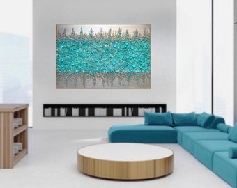 Teel gold Abstract wall art turquoise gold wall decor, Turquoise grey Painting for powder room Glam painting 18''x24'' best gift
