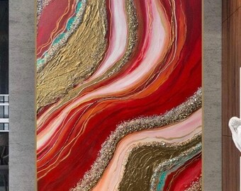Bright colourful Modern  Abstract wall Art Red rust Textured painting Red gold original wall art for bathroom bedroom living room office