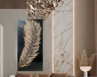 Black and grey Feather wall art,Large black  gold resin wall art ,Abstract gold wall art with crystals stones 24''x48'',Luxurious wall decor