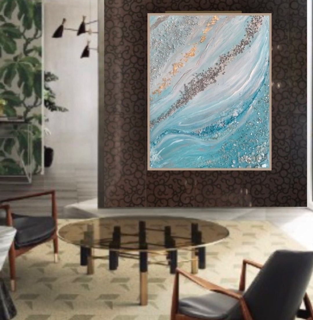 Light Blue Abstract Canvas Wall Art , Gold Textured Acrylic Painting ...