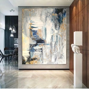 Extra Large black cream blue and gold wall art , White Blue contemporary wall art, white, grey Textured painting, Office decor, handmade