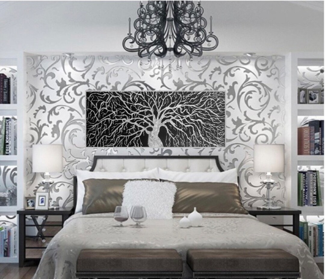 Large Black Silver Tree Painting With Texture Silver Living Room ...
