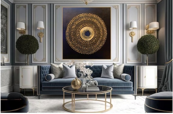 Dark blue and gold Abstract wall art , Minimalist textured painting ,blue 3d Contemporary  wall decor , gifts for new home buyer