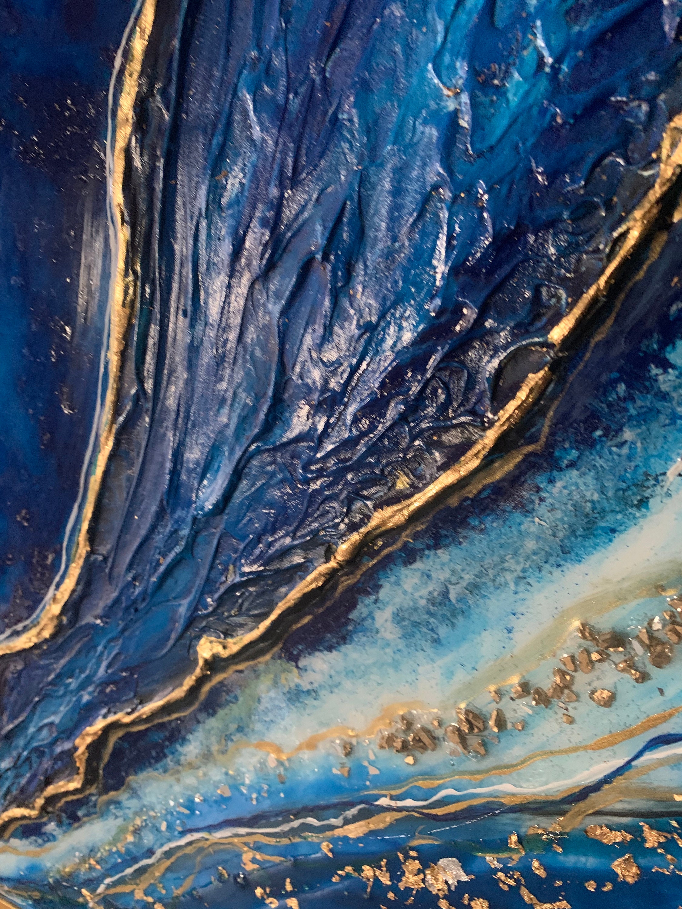 Large Dark Blue Gold Abstract Canvas Wall Art,resin and Textured Gold ...