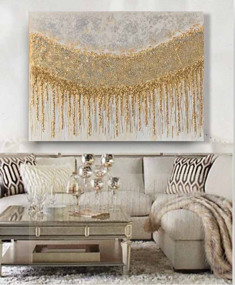 White and Gold Abstract Wall Art, Antique Gold Painting on Canvas for