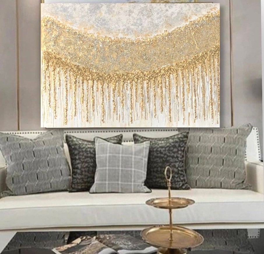 White and Gold Abstract Wall Art, Antique Gold Painting on Canvas for