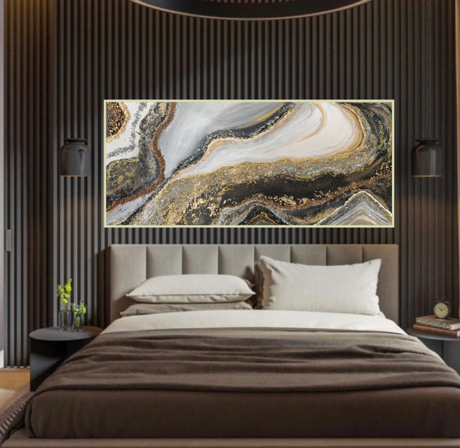 White Black and Gold Abstract Wall Art, Large Landscape Abstract