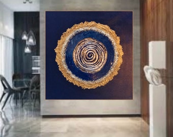 Dark blue and gold Abstract wall art ,Minimalist decor, Navy blue Textured painting with  gold silver touches   , Inspiring gifts