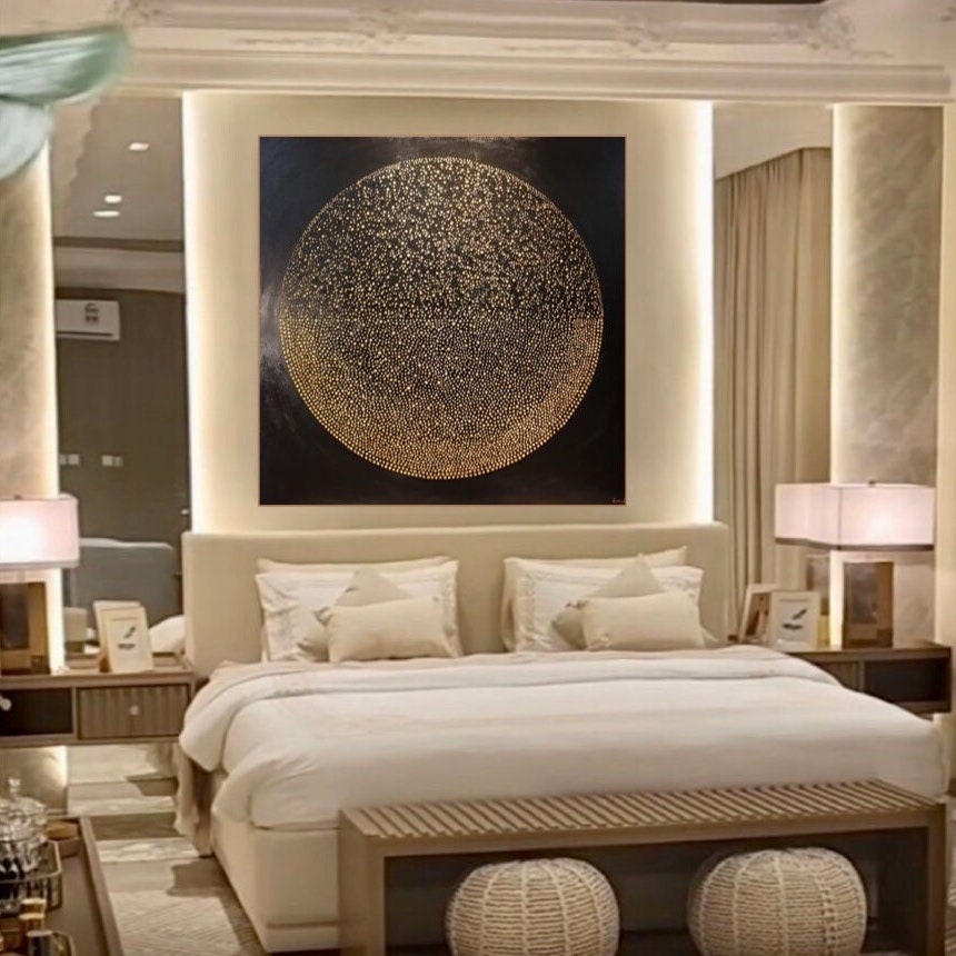 Extra Large Square Black Gold Abstract Wall Art, Minimalist Painting on ...