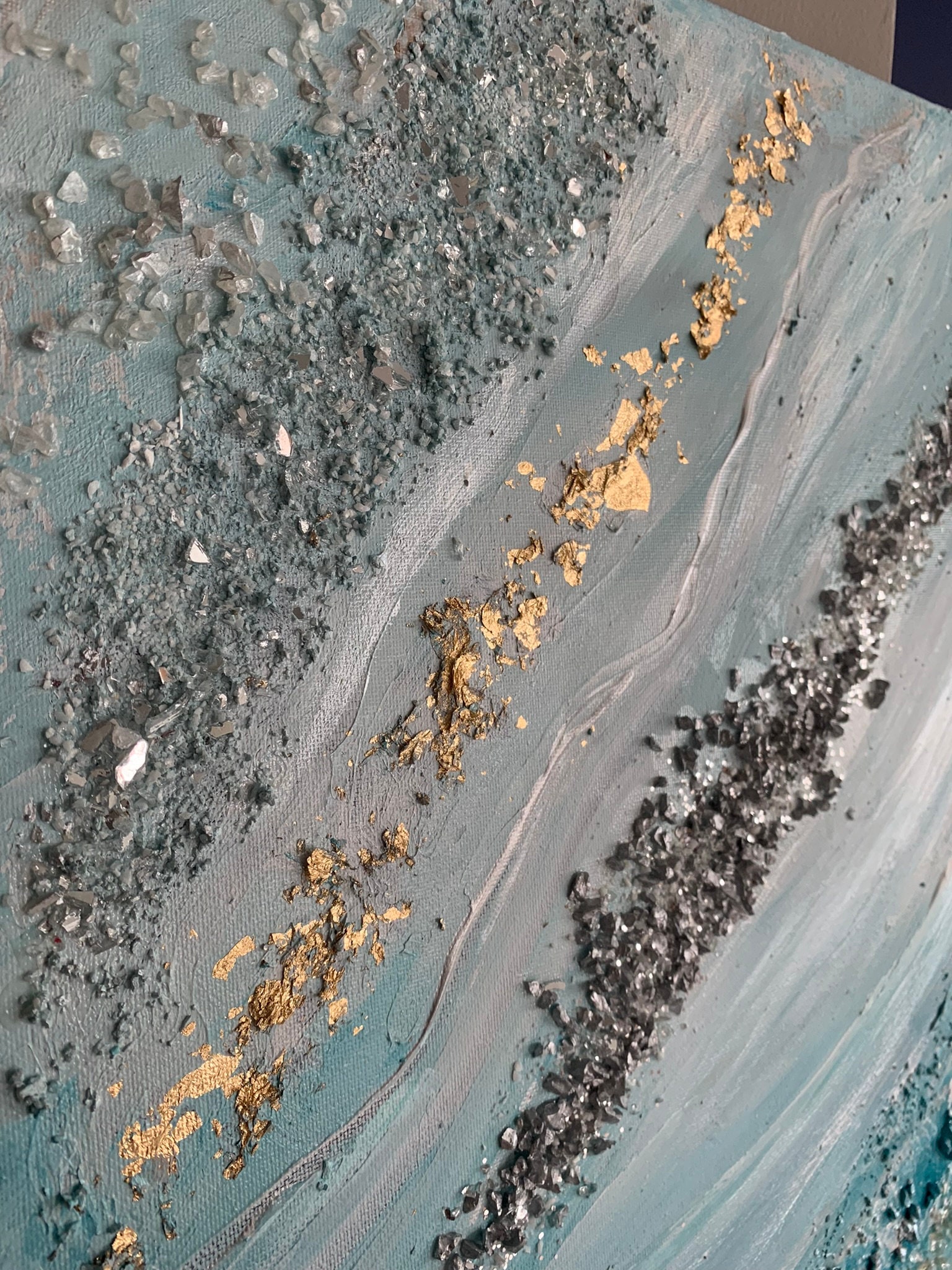 Light Blue Abstract Canvas Wall Art , Gold Textured Acrylic Painting ...