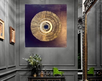 Dark blue and gold Abstract wall art , Minimalist painting  Blue and  gold 3d textured painting for powder room hallways .best for gift