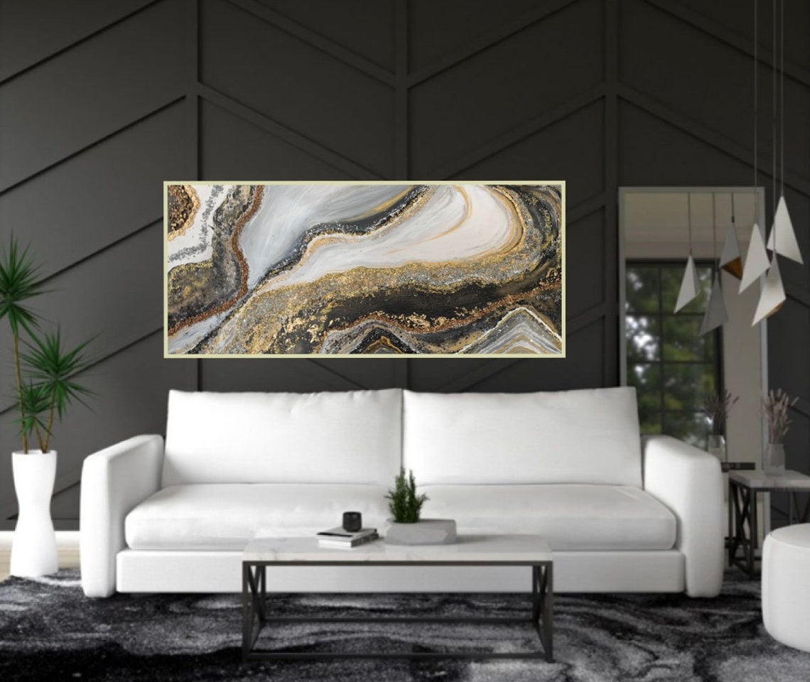 White Black and Gold Abstract Wall Art, Large Landscape Abstract