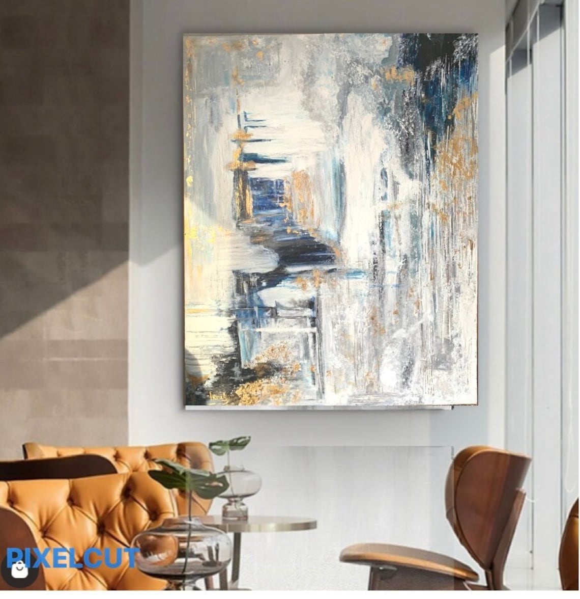 Large Abstract Wall Art on Canvas, White Blue Contemporary Wall Art