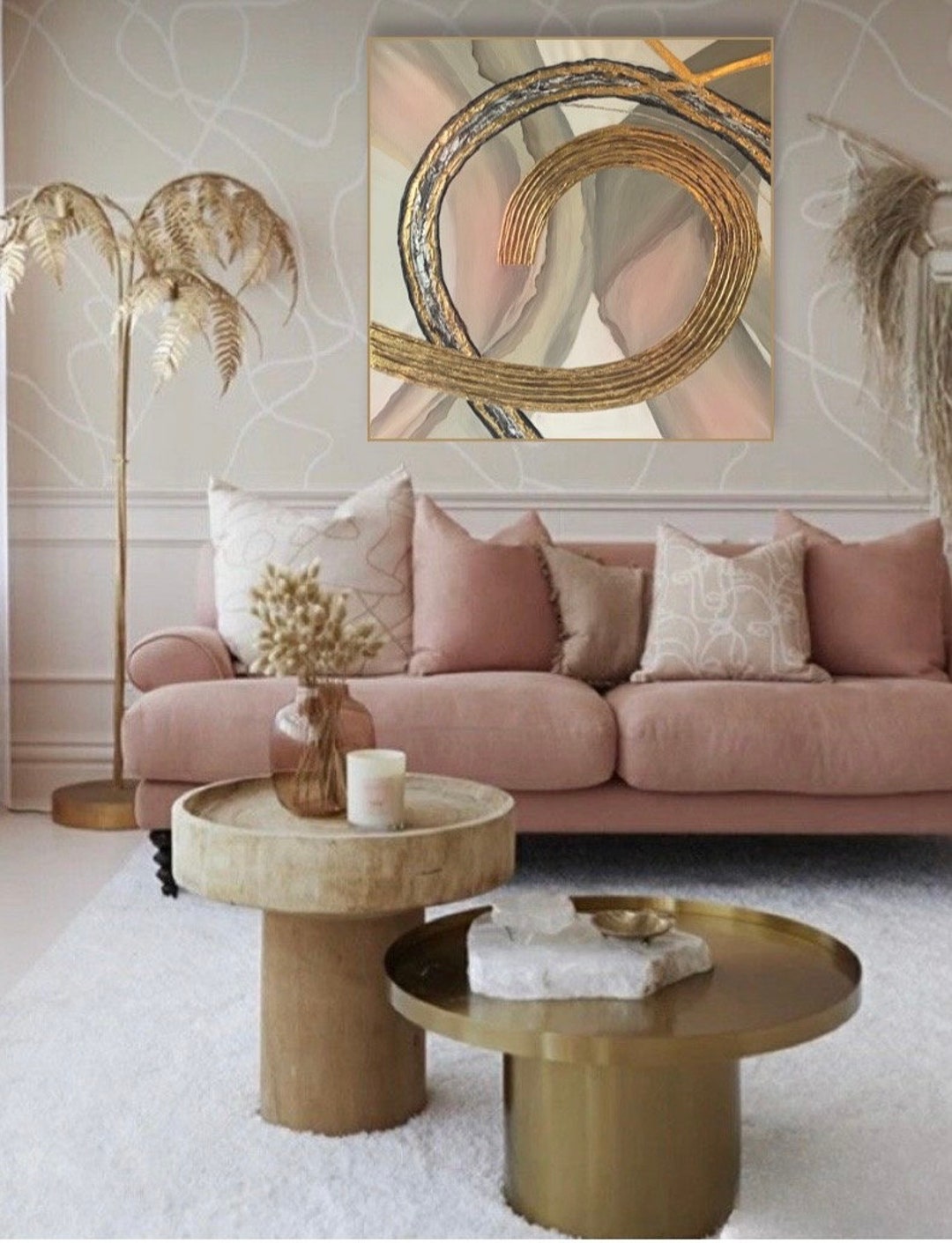 Large Abstract Light Pink White Gold Wall Art, White Grey Pink Living ...