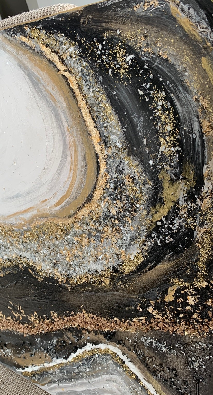 White Black and Gold Abstract Wall Art, Large Landscape Abstract