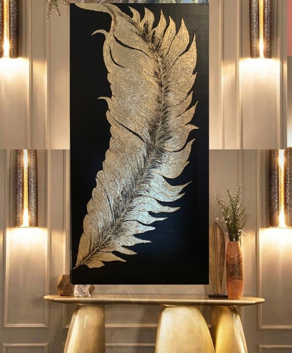 Black and Gold Abstract Canvas Wall Art Black Gold Textured Feather Wall Art Black Gold Glam Painting Black Gold Leaf Vertical Wall Art Etsy