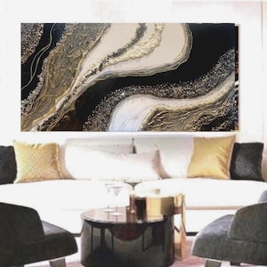 Large black gold Resin wall art,charcoal & gold  resin textured painting,black Glam living room painting ,luxury bedroom wall art, best gift
