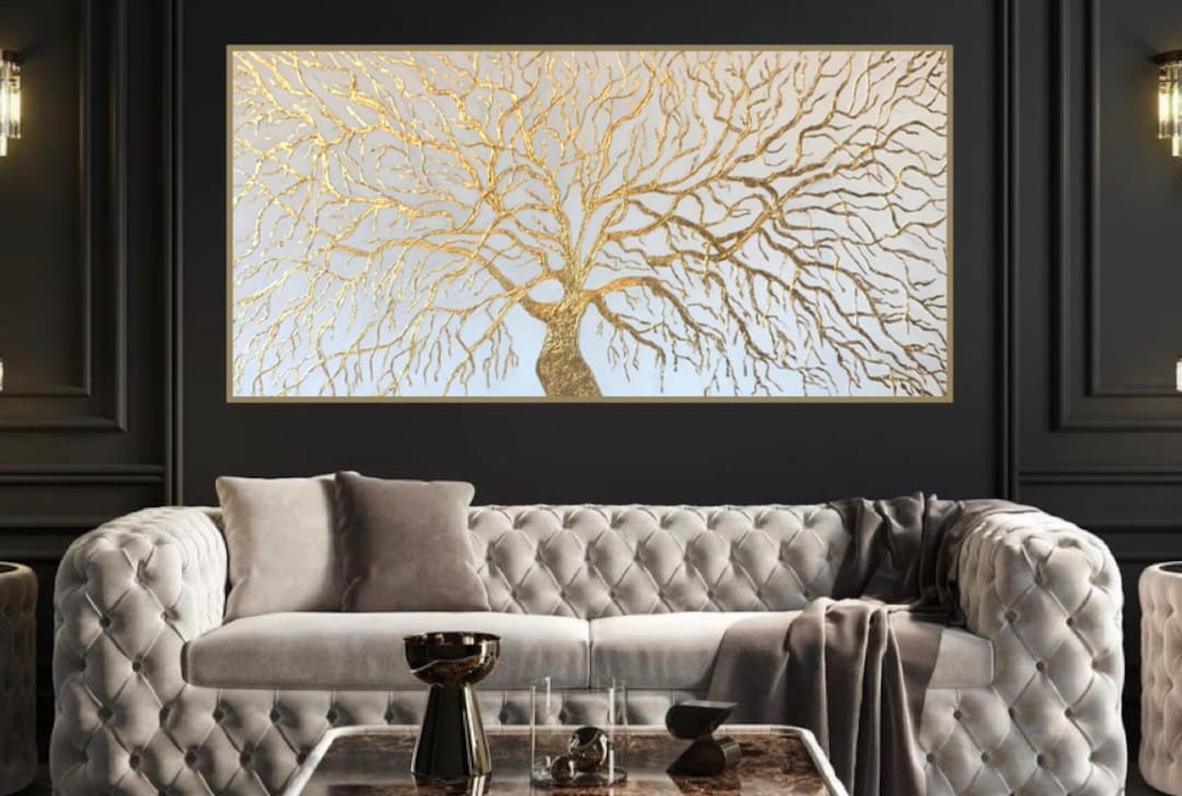 White Gold Tree Painting With Texture . White Gold Abstract Wall Art