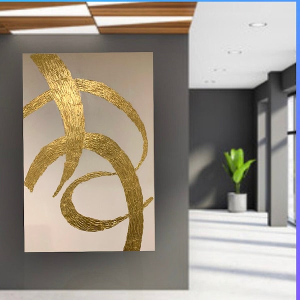 White Gold Abstract Canvas wall art, gold leaf Textured Painting, Minimalist Wall Décor, white gold abstract wall art home and office decor