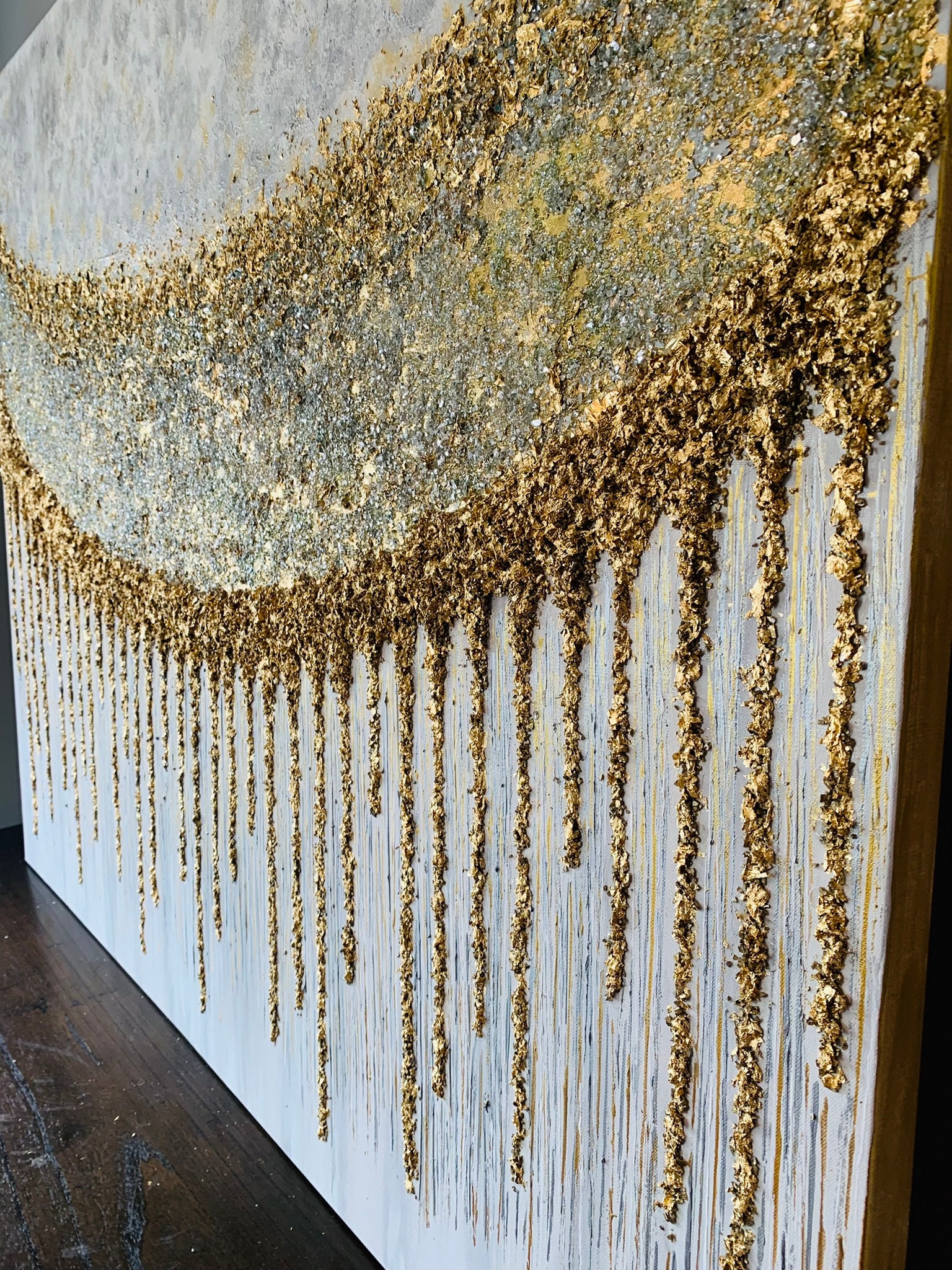 White and Gold Abstract Wall Art, Antique Gold Painting on Canvas for