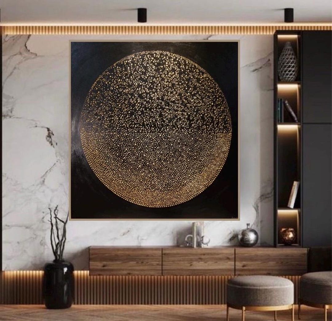 Extra Large Square Black Gold Abstract Wall Art, Minimalist Painting on ...