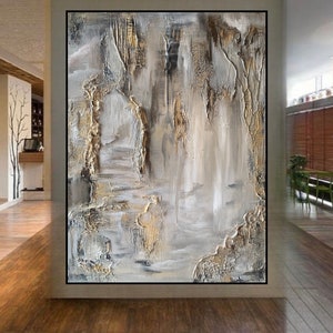 Extra Large cream white gold Abstract wall art ,Contemporary White  beige gold wall art, Neutral color Textured wall art for Office ,bedroom