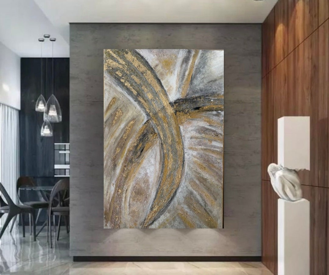 Gold and White Abstract Canvas Wall Art. Copper Modern Textured