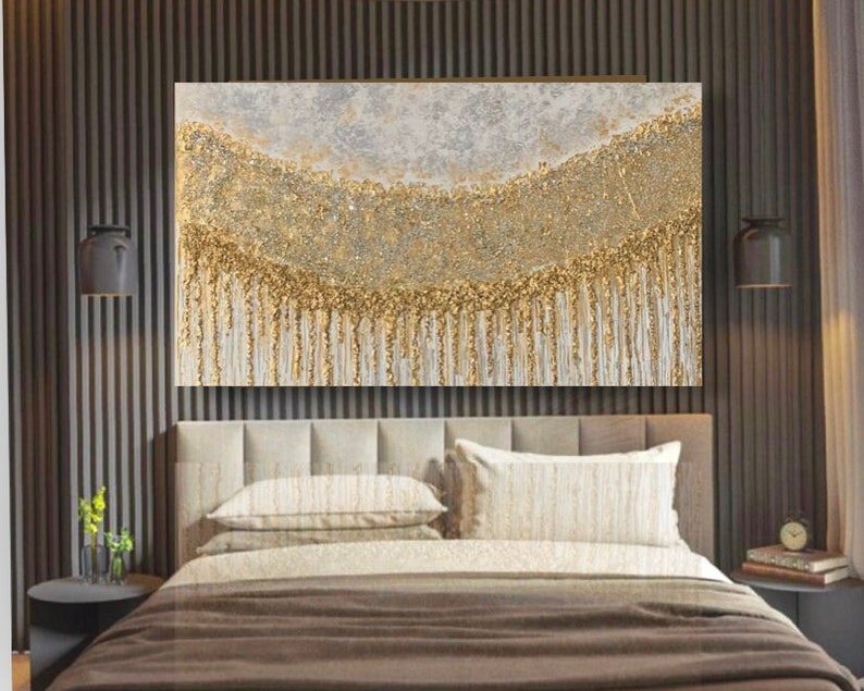 White and Gold Abstract Wall Art, Antique Gold Painting on Canvas for