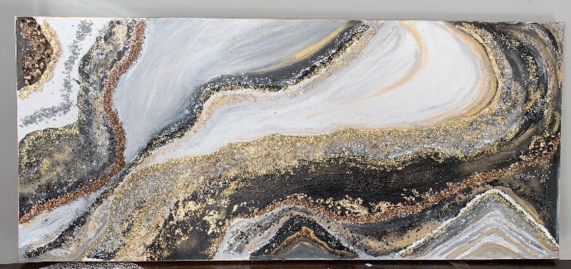 White Black and Gold Abstract Wall Art, Large Landscape Abstract