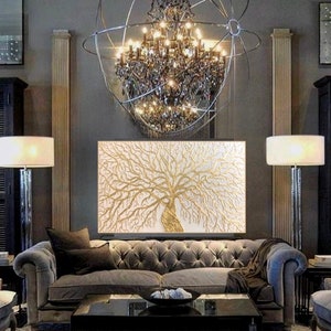 Large crème  gold Tree painting, Large white gold textured wall art ,crème  Gold bedroom wall art ,white  Gold  living room  Luxury Painting