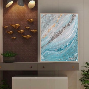 Light Blue Abstract Canvas Wall Art , Gold Textured Acrylic Painting ...