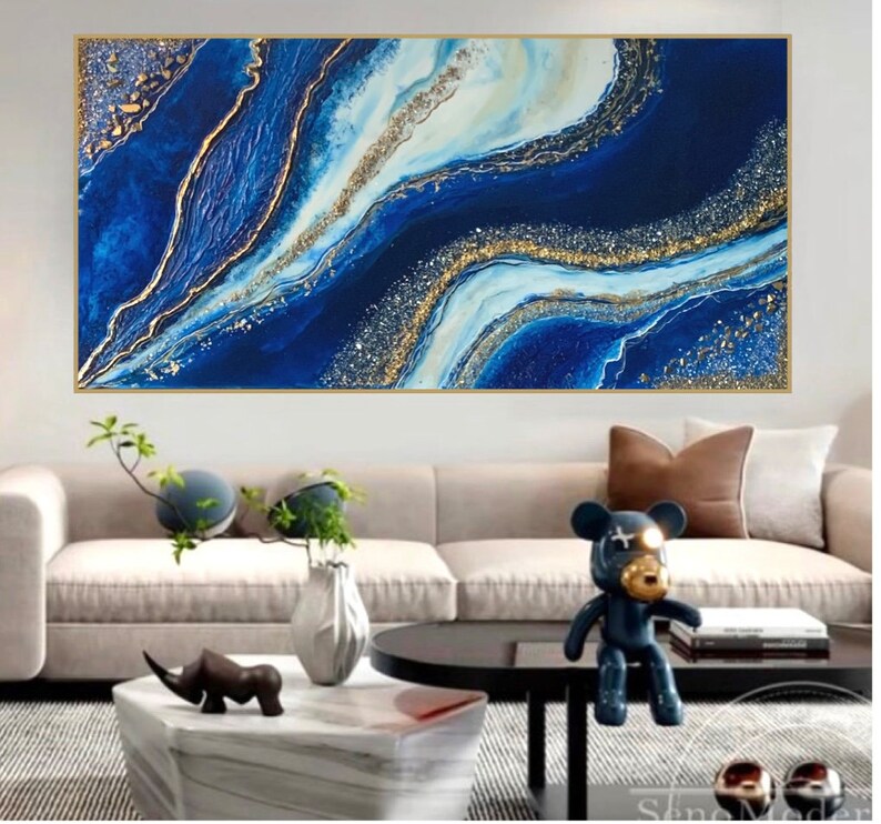 Large Dark Blue Gold Abstract Canvas Wall Art,resin and Textured Gold ...