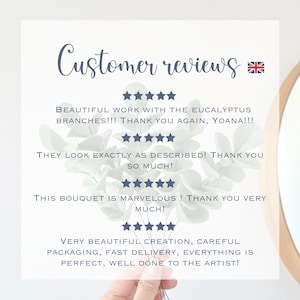 May include: A graphic display titled Customer reviews with a United Kingdom flag icon. It features four sets of five dark blue stars followed by customer testimonials praising eucalyptus branches and bouquets, with text thanking the artist Yoana.
