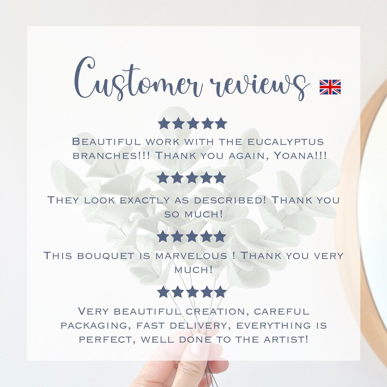 May include: A graphic display titled Customer reviews with a United Kingdom flag icon. It features four sets of five dark blue stars followed by customer testimonials praising eucalyptus branches and bouquets, with text thanking the artist Yoana.