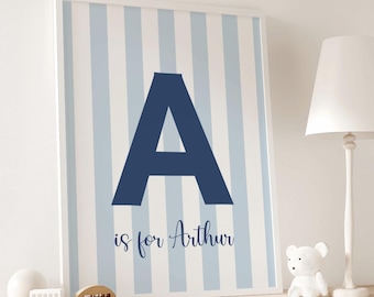 Dark blue and white custom boy bedroom wall art stripe playroom blue white decor newborn baby above crib personalized print DIGITAL DOWNLOAD