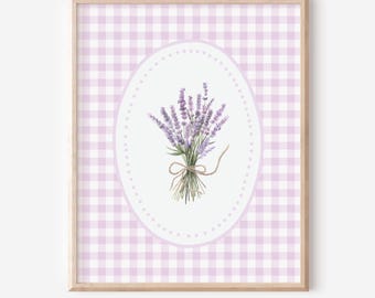 May include: A framed wall art print featuring a watercolor illustration of a lavender bouquet tied with a twine bow. The bouquet is centered within a white oval frame against a light purple and white gingham checkered background pattern.